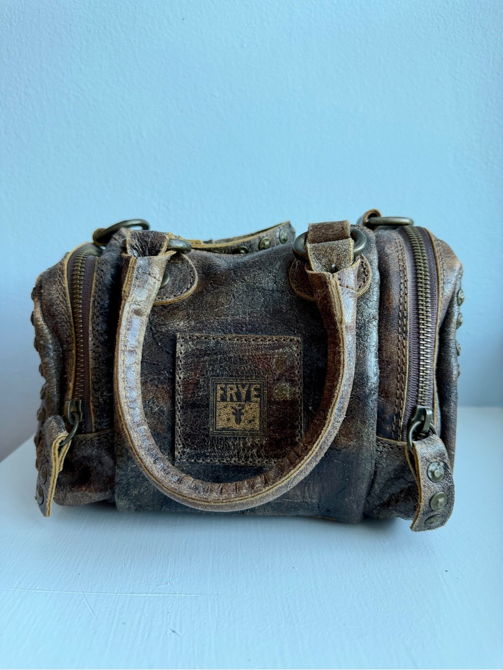 Frye Brooke Speedy Satchel in Studded Distressed Brown Leather